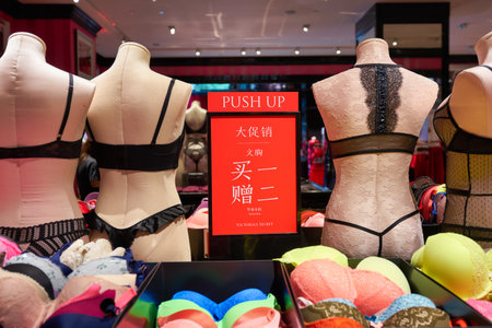 SINGAPORE - JANUARY 19, 2020: interior shot of Victoria's Secret store. Victoria's Secret is an American designer, manufacturer, and marketer of women's lingerie, womenswear, and beauty products.のeditorial素材