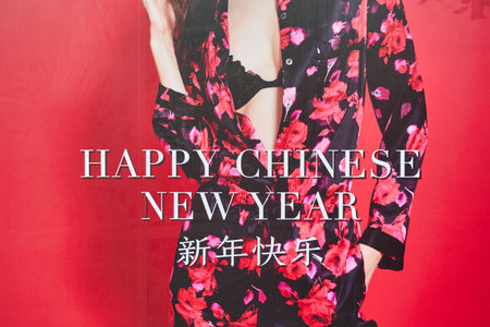 SINGAPORE - JANUARY 19, 2020: close up shot of advertisement at Victoria's Secret store.のeditorial素材