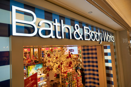 SINGAPORE - CIRCA JANUARY, 2020: Bath and Body Works sign over the store entrance in Nge Ann City shopping center.のeditorial素材