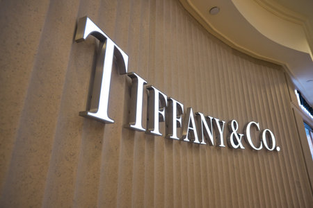SINGAPORE - CIRCA JANUARY, 2020: close up shot of Tiffany & Co sign as seen at the store in Nge Ann City shopping center.のeditorial素材