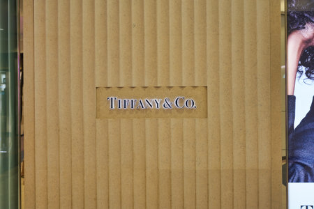 SINGAPORE - CIRCA JANUARY, 2020: close up shot of Tiffany & Co sign as seen at the store in Nge Ann City shopping center.のeditorial素材