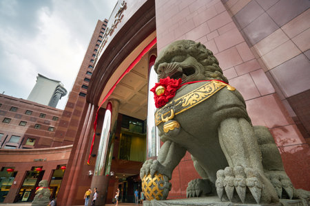 SINGAPORE - CIRCA JANUARY, 2020: close up shot of guardian lion at Nge Ann City shopping center in the daytime.のeditorial素材
