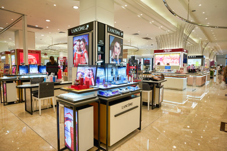 SINGAPORE - CIRCA JANUARY, 2020: Lancome cosmetics on display at Takashimaya department store in Singapore.のeditorial素材