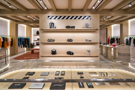KUALA LUMPUR, MALAYSIA - CIRCA JANUARY, 2020: bags on display at Off-white store in Suria KLCC shopping mall in Kuala Lumpur.のeditorial素材