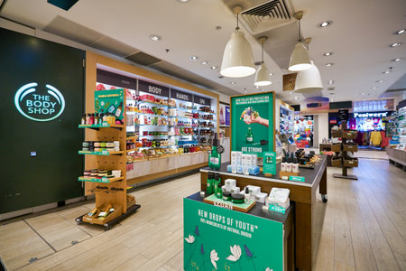 SINGAPORE - CIRCA JANUARY, 2020: personal care products on display at The Body Shop in Changi Airport.のeditorial素材