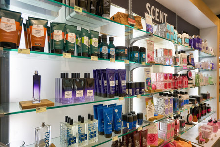 SINGAPORE - CIRCA JANUARY, 2020: personal care products on display at The Body Shop in Changi Airport.のeditorial素材