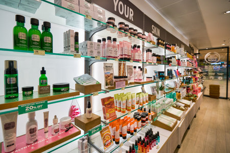 SINGAPORE - CIRCA JANUARY, 2020: personal care products on display at The Body Shop in Changi Airport.のeditorial素材