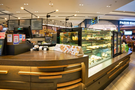 SINGAPORE - CIRCA JANUARY, 2020: sales area at Starbucks Coffee in Singapore Changi Airport.のeditorial素材