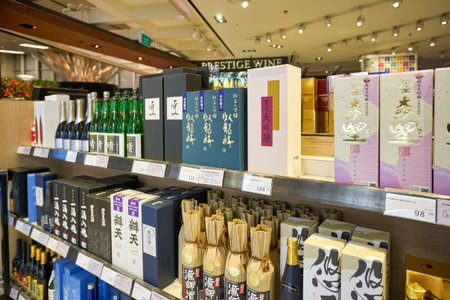 SINGAPORE - CIRCA JANUARY, 2020: a broad range of alcoholic drinks on display at Wines and Spirits store in Singapore Changi Airport.のeditorial素材