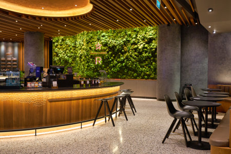 SINGAPORE - CIRCA JANUARY, 2020: interior shot of Starbucks Jewel Changi Airport. Starbucks Corporation is an American coffee company and coffeehouse chain.のeditorial素材
