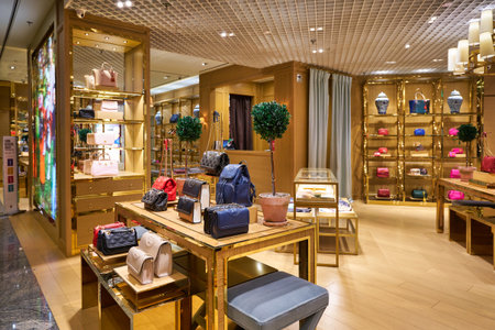 SINGAPORE - CIRCA JANUARY, 2020: bags on display at Tory Burch store in Singapore Changi Airport.のeditorial素材