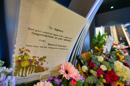 KUALA LUMPUR, MALAYSIA - JANUARY 18, 2020: close up shot of congratulation card with opening ceremony flowers at Sephora store in Fahrenheit 88 shopping mall in Kuala Lumpur.のeditorial素材