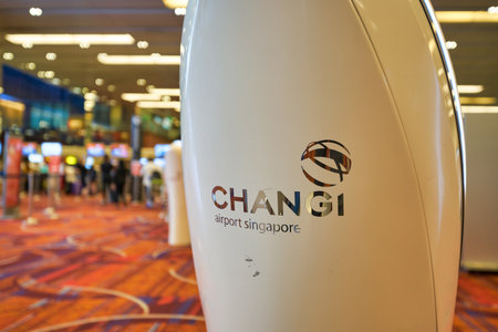 SINGAPORE - CIRCA JANUARY, 2020: close up shot of self-service check-in kiosk at Terminal 1, Changi Airport. Changi Airport is a major civilian airport that serves Singapore.のeditorial素材