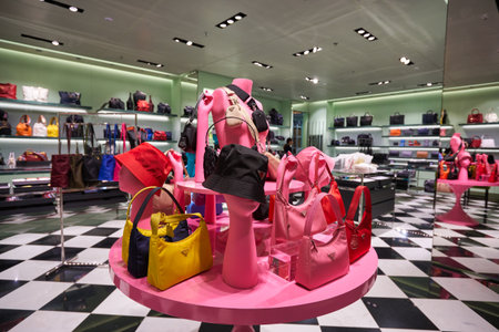 SINGAPORE - CIRCA JANUARY, 2020: bags on display at Prada store in Singapore Changi Airport.のeditorial素材