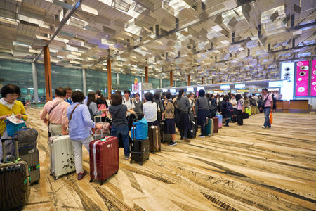 SINGAPORE - CIRCA JANUARY, 2020: people stand in line waiting for check-in at Singapore Changi Airport.のeditorial素材
