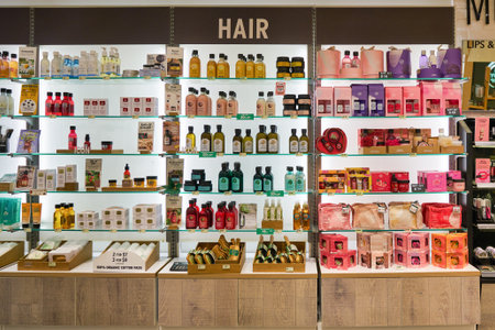 SINGAPORE - CIRCA JANUARY, 2020: personal care products on display at The Body Shop in Changi Airport.のeditorial素材