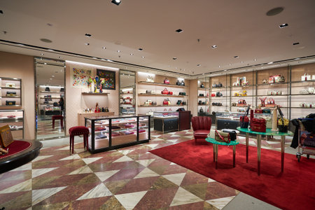 SINGAPORE - CIRCA JANUARY, 2020: bags on display at Gucci store in Singapore Changi Airport.のeditorial素材