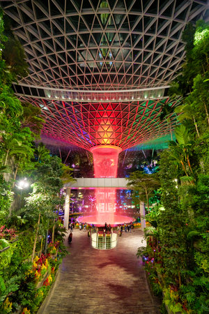SINGAPORE - CIRCA JANUARY, 2020: view of the Rain Vortex, the world's largest and tallest indoor waterfall, standing at 40 metres at the Jewel Changi Airport.のeditorial素材