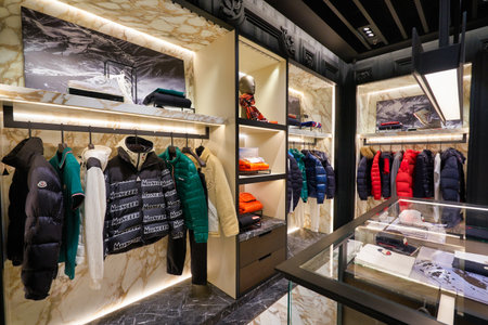 SINGAPORE - JANUARY 21, 2020: clothes on display at Moncler store in Singapore Changi Airport. Moncler S.p.A is an apparel brand mostly known for its skiwear.のeditorial素材