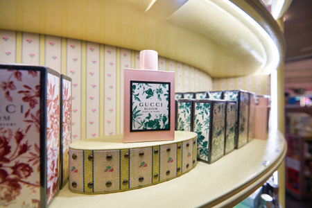 SINGAPORE - CIRCA JANUARY, 2020: perfumes on display on display at store in Changi Airport.のeditorial素材