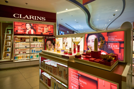 SINGAPORE - CIRCA JANUARY, 2020: Clarins personal care products on display at store in Changi Airport.のeditorial素材