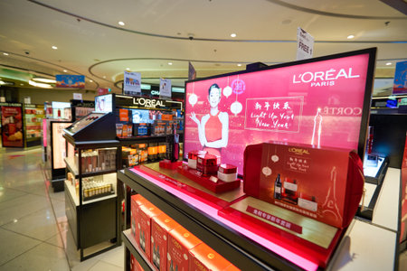 SINGAPORE - CIRCA JANUARY, 2020: L'Oreal personal care products on display at store in Changi Airport.のeditorial素材