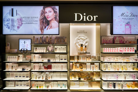 SINGAPORE - CIRCA JANUARY, 2020: Dior personal care products on display at store in Changi Airport.のeditorial素材