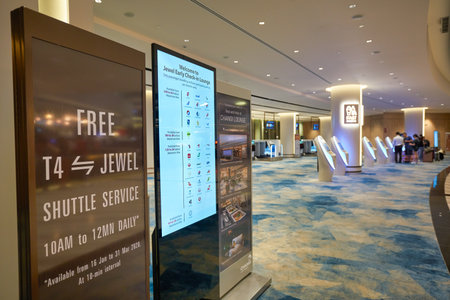 SINGAPORE - CIRCA JANUARY, 2020: the Early Check-in Lounge at Jewel Changi Airport. Changi Airport is a major civilian airport that serves Singapore.のeditorial素材