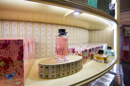 SINGAPORE - CIRCA JANUARY, 2020: perfumes on display on display at store in Changi Airport.のeditorial素材