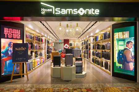 SINGAPORE - CIRCA JANUARY, 2020: bags on display at Samsonite store in Singapore Changi Airport.のeditorial素材