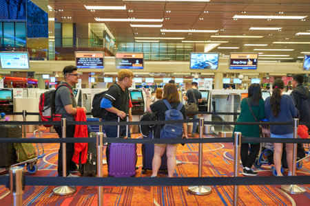 SINGAPORE - CIRCA JANUARY, 2020: people stand in line waiting for check-in at Singapore Changi Airport.のeditorial素材
