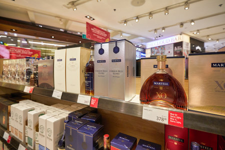 SINGAPORE - CIRCA JANUARY, 2020: a broad range of alcoholic drinks on display at Wines and Spirits store in Singapore Changi Airport.のeditorial素材
