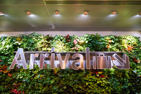 SINGAPORE - CIRCA JANUARY, 2020: close up shot of arrival sign as seen in Singapore Changi International Airport.のeditorial素材