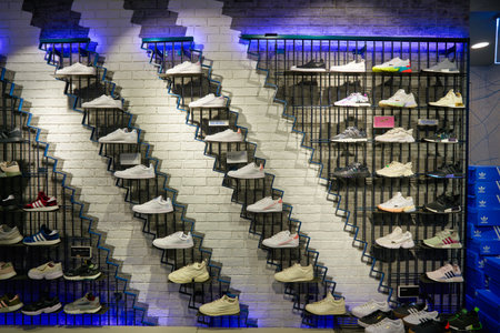 SINGAPORE - CIRCA JANUARY, 2020: footwear on display at Adidas store in Singapore Changi Airport.のeditorial素材