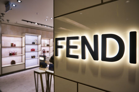 SINGAPORE - CIRCA JANUARY, 2020: close up shot of Fendi sign  at store in Singapore Changi Airport.のeditorial素材