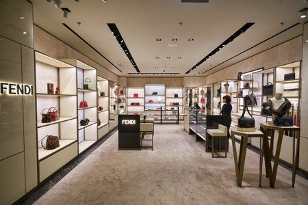 SINGAPORE - CIRCA JANUARY, 2020: bags on display at Fendi store in Singapore Changi Airport.のeditorial素材