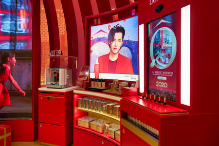 SINGAPORE - CIRCA JANUARY, 2020: personal care products on display in Lancome's Chinese New Year themed pop-up store at Changi with Shilla.のeditorial素材