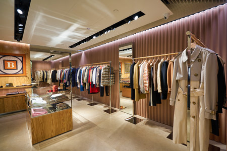 SINGAPORE - CIRCA JANUARY, 2020: interior shot of Burberry store in Singapore Changi Airport. Burberry Group PLC is a British luxury fashion house headquartered in London, England.のeditorial素材