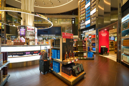 SINGAPORE - CIRCA JANUARY, 2020: a broad range of alcoholic drinks on display at Wines and Spirits store in Singapore Changi Airport.のeditorial素材
