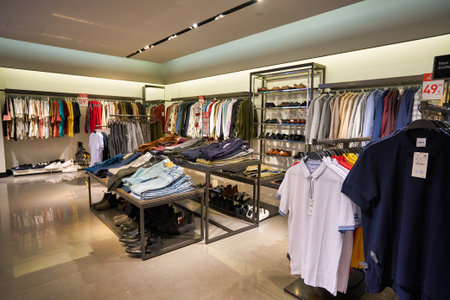 SINGAPORE - CIRCA JANUARY, 2020: clothes on display at Zara store in Singapore Changi Airport. Zara is a Spanish apparel retailer, specializes in fast fashion.のeditorial素材