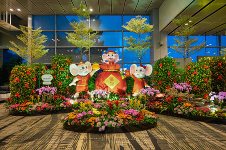 SINGAPORE - CIRCA JANUARY, 2020: Lunar New Year decorations in Singapore Changi International Airport.のeditorial素材