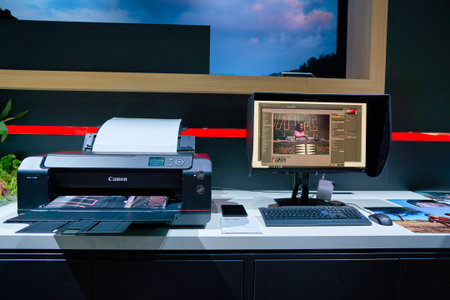 COLOGNE, GERMANY - CIRCA SEPTEMBER, 2018: inkjet printer on display at Canon stand at the Photokina Exhibition.のeditorial素材