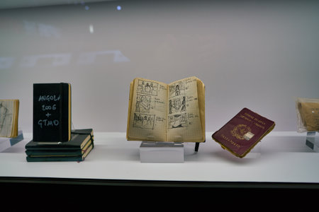 COLOGNE, GERMANY - CIRCA SEPTEMBER, 2018: open notebook with sketches on display at Canon stand at...