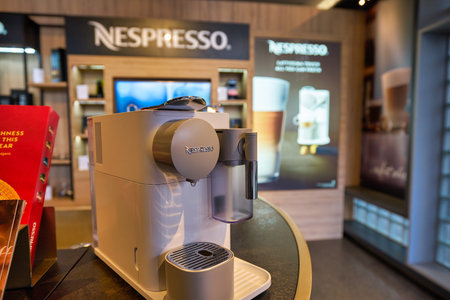 KUALA LUMPUR, MALAYSIA - CIRCA JANUARY, 2020: close up shot of Nespresso capsule coffee machines on display at Nespresso shop in Pavilion Kuala Lumpur shopping centre.のeditorial素材