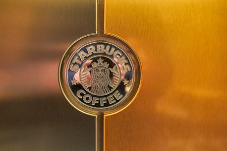 SHENZHEN, CHINA - CIRCA NOVEMBER, 2019: close up shot of Starbucks sign on a coffee machine seen in Shenzhen.のeditorial素材