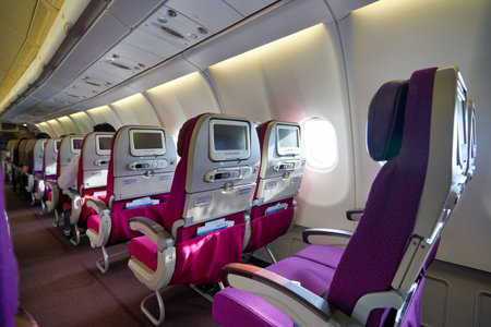 SINGAPORE - CIRCA JANUARY, 2020: inside Malaysia Airlines Airbus A330-300. Malaysia Airlines is the flag carrier of Malaysia and a member of the oneworld airline alliance.のeditorial素材