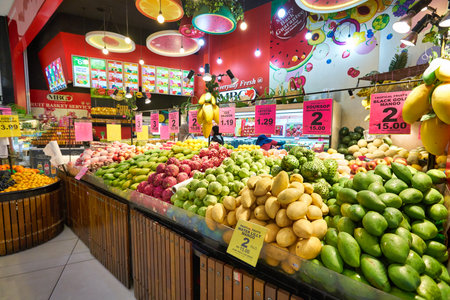 KUALA LUMPUR, MALAYSIA - CIRCA JANUARY, 2020: fruits on display at a store in Nu Sentral shopping mall in Kuala Lumpur.のeditorial素材