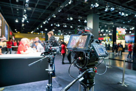 COLOGNE, GERMANY - CIRCA SEPTEMBER, 2018: Canon equipment on display at the Photokina Exhibition. Photokina is a leading trade fair for the worldwide photo industry.のeditorial素材