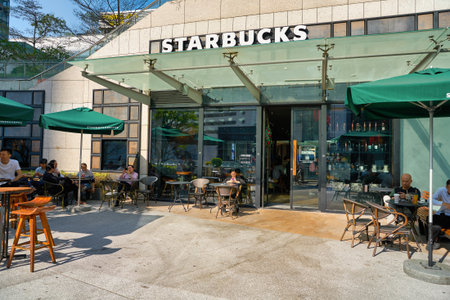 SHENZHEN, CHINA - CIRCA NOVEMBER, 2019: entrance to Starbucks Coffee in Shenzhen.のeditorial素材