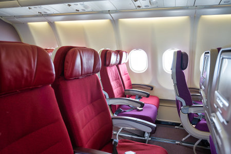 SINGAPORE - CIRCA JANUARY, 2020: inside Malaysia Airlines Airbus A330-300. Malaysia Airlines is the flag carrier of Malaysia and a member of the oneworld airline alliance.のeditorial素材